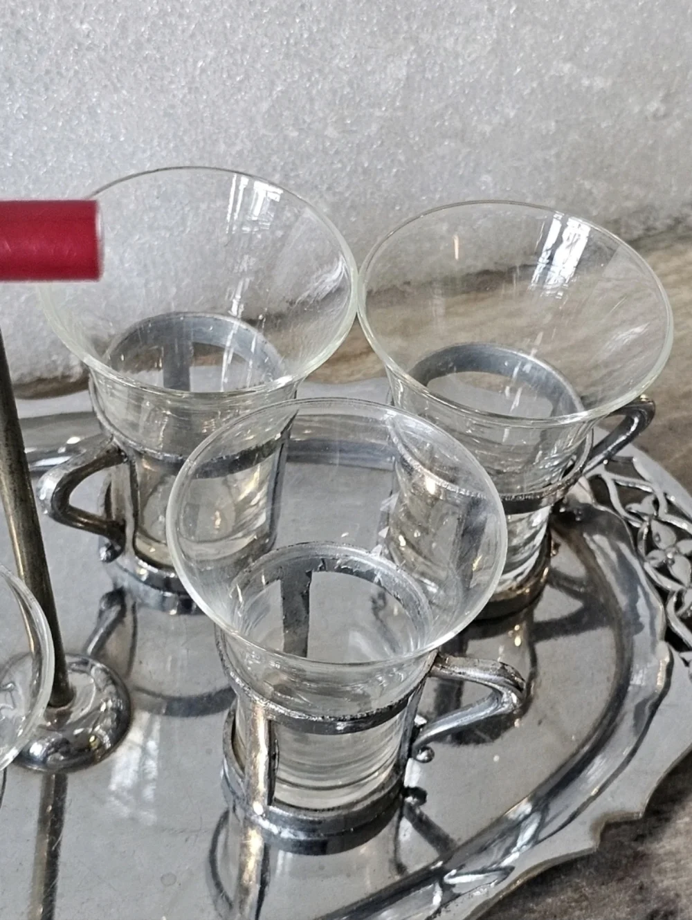 MCM Cordial Shot‎ Glass Set Silver Handles W Tray Osaka Japan 6 Pc Set 50s 60s